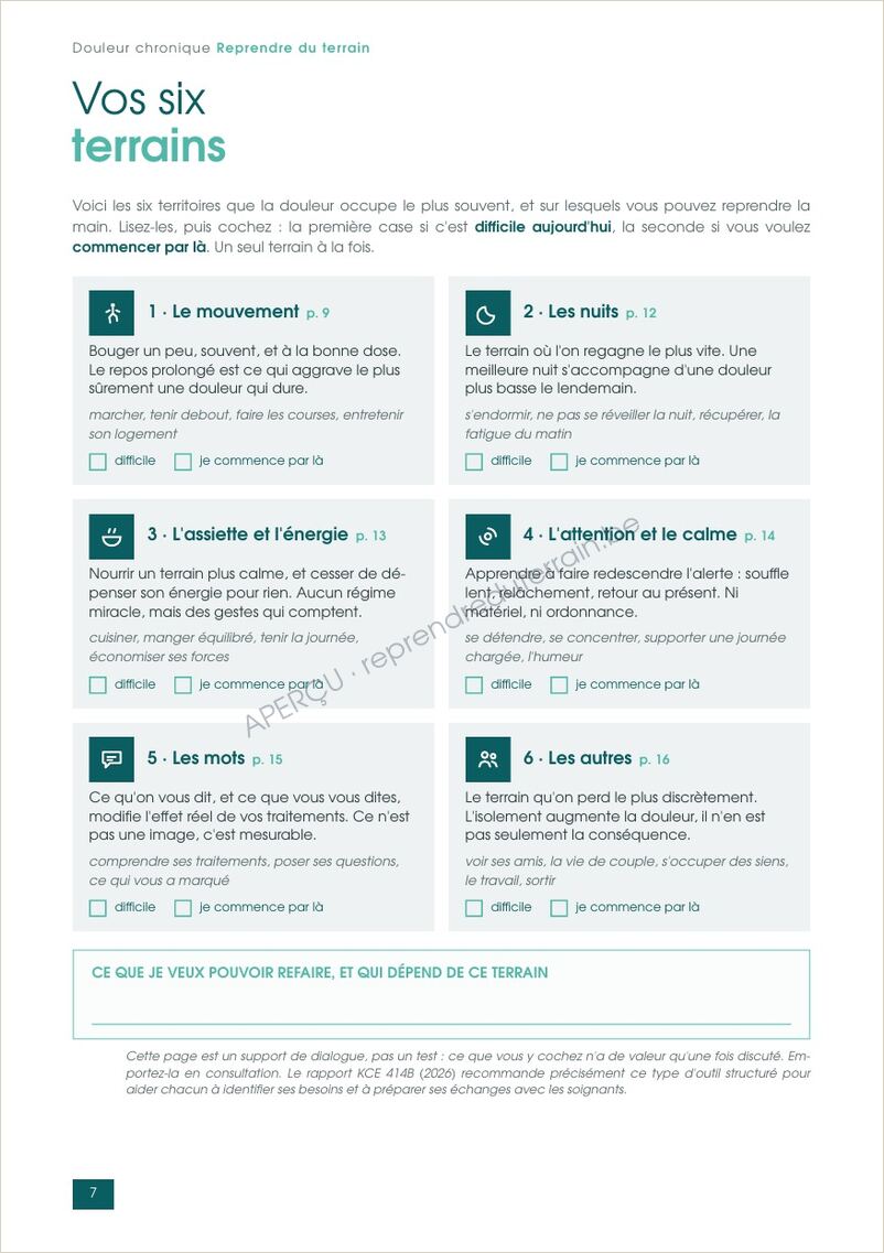 Page 7, les six terrains, page à remplir